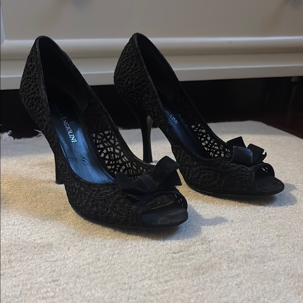 Enzo Angiolini Black Lace Peep-Toe Heels